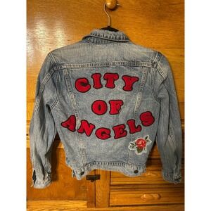 Lucky Brand City of Angels Denim Jacket Womens Small Blue Light Wash Rose Patch
